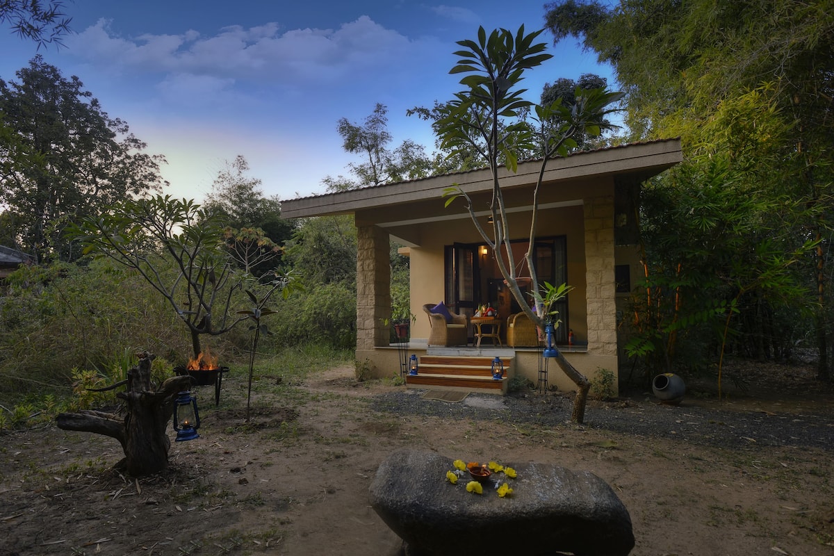 A house with a porch, surrounded by trees and a stone bench with flowers.