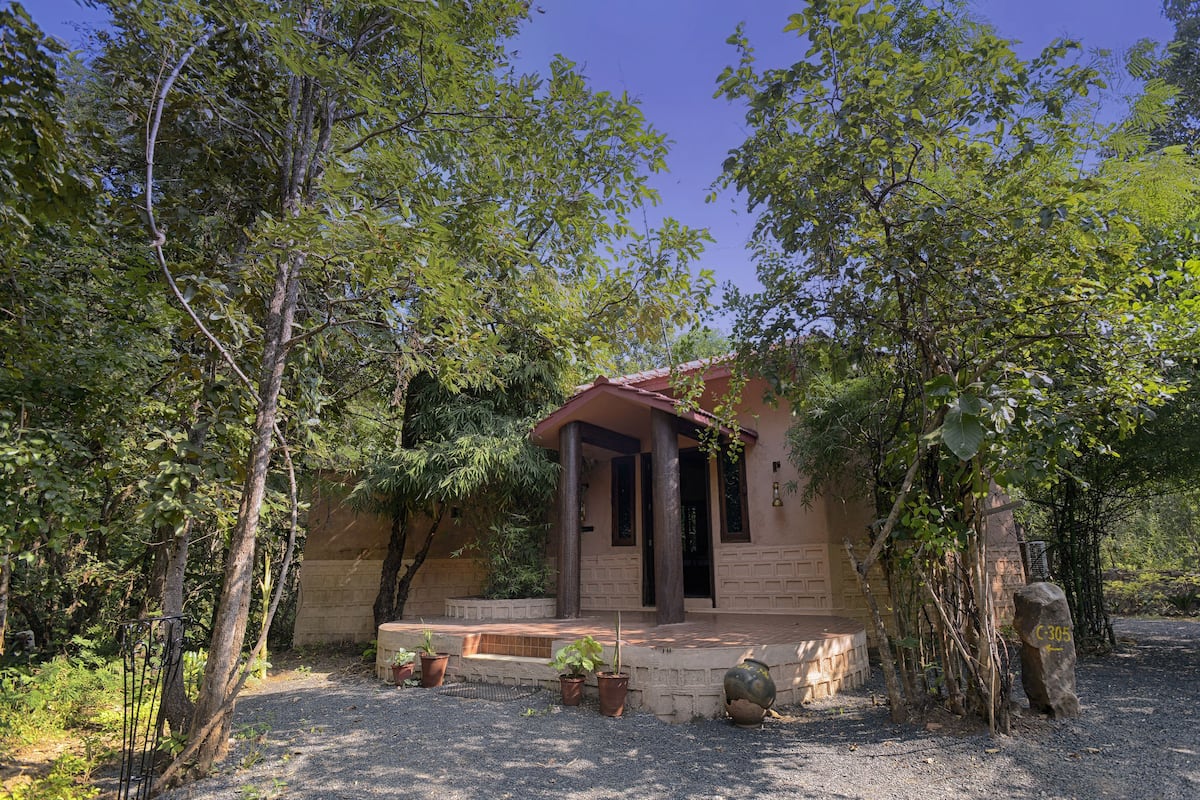 A rustic house with a porch, surrounded by trees and a gravel driveway.