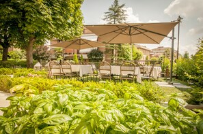 Un área de comedor al aire libre con mesas y sillas bajo grandes sombrillas, rodeada de exuberante vegetación y árboles.