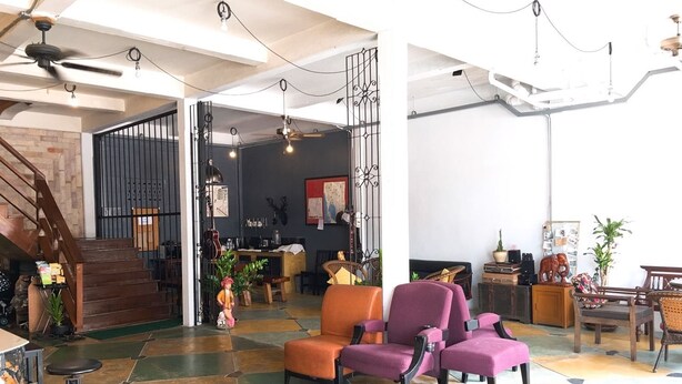 A spacious living area with a mix of seating options, including a sofa and chairs, a staircase leading to an upper level, and a variety of decorative items and plants.