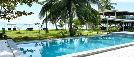 A swimming pool with a view of the ocean, surrounded by palm trees and a grassy area with lounge chairs.