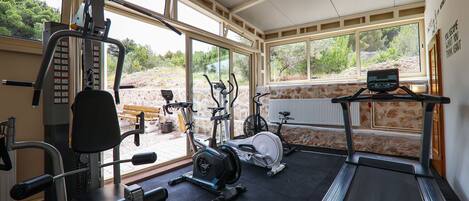 Un gimnasio con equipamiento de ejercicio, ventanas amplias y vistas al exterior.
