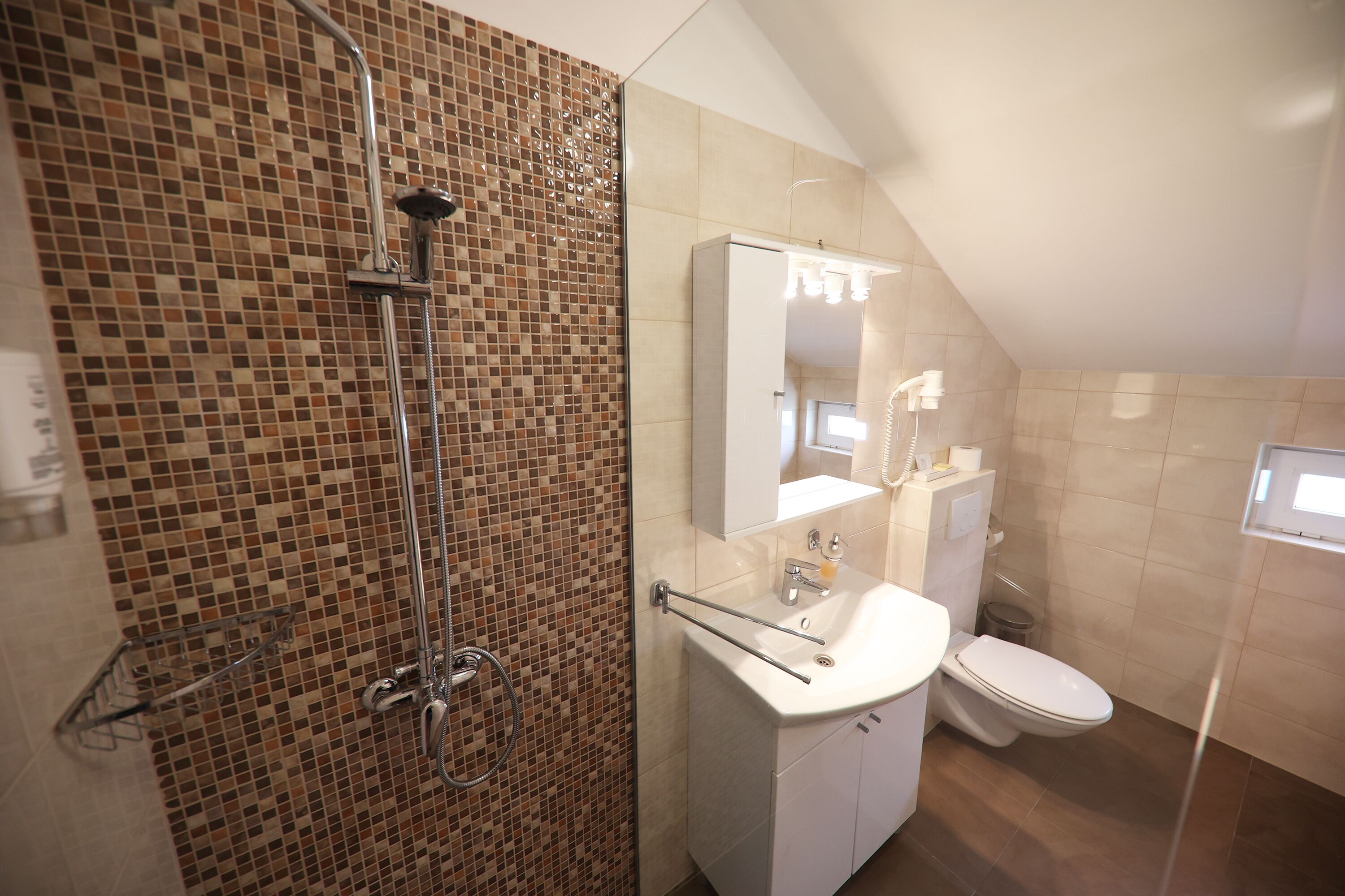 Un baño moderno con ducha, lavamanos e inodoro.