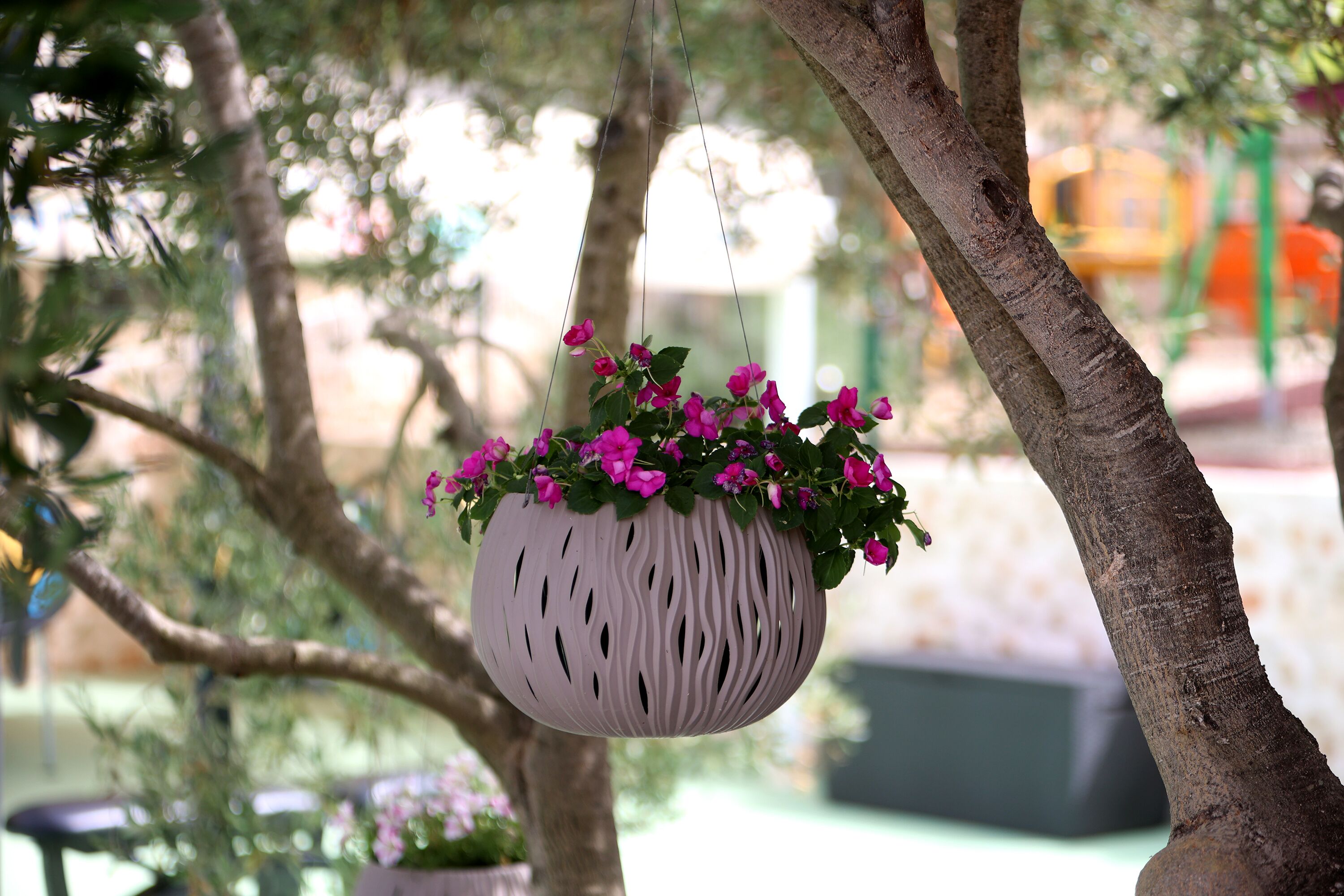 Una maceta colgante con flores rosas.