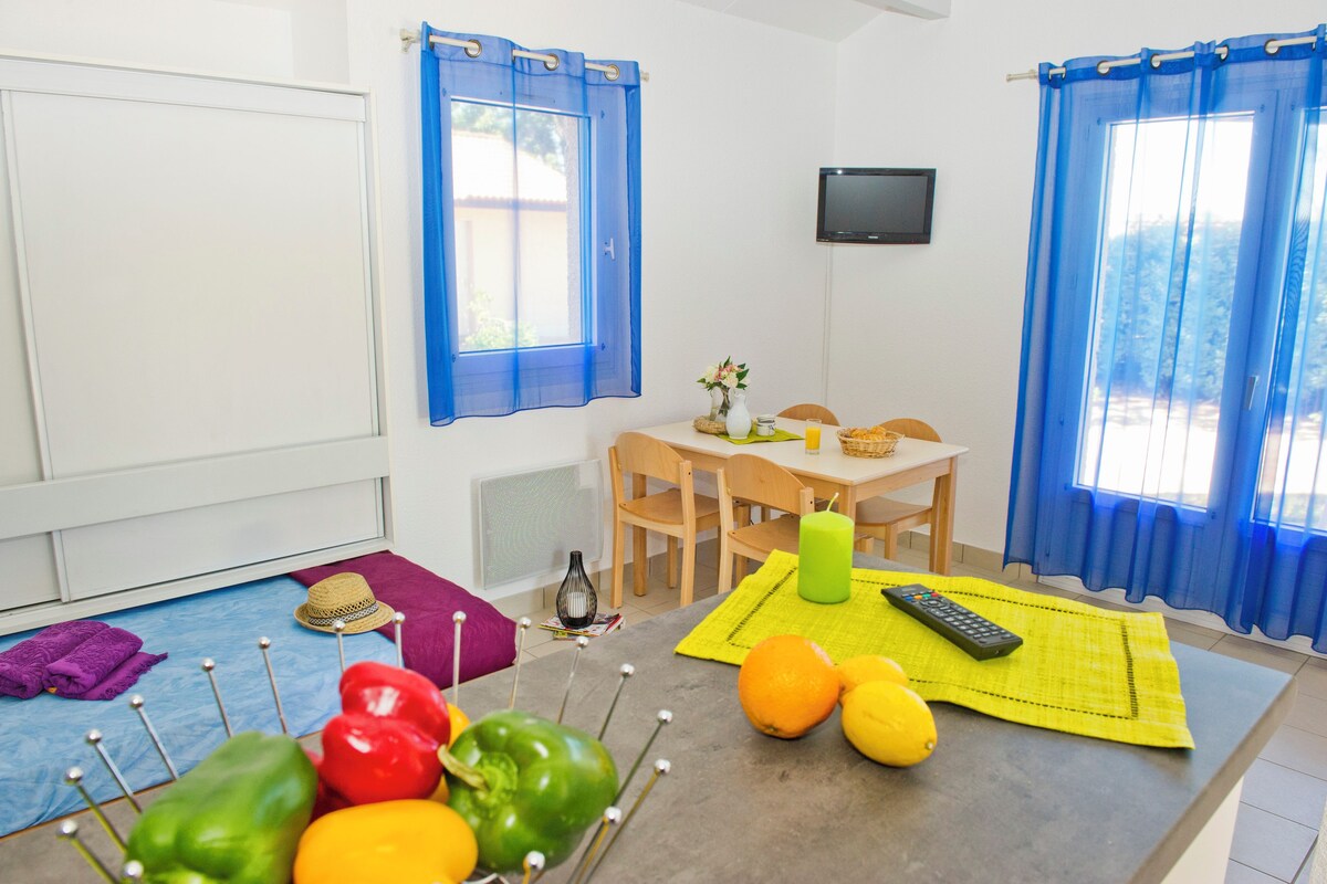 A room with a dining table, chairs, a TV, and a window with blue curtains.