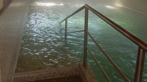 A hot tub with tiled steps and metal railings, surrounded by wooden beams and large windows. - Agriturismo La Rocca dei Briganti (Rocca Massima)