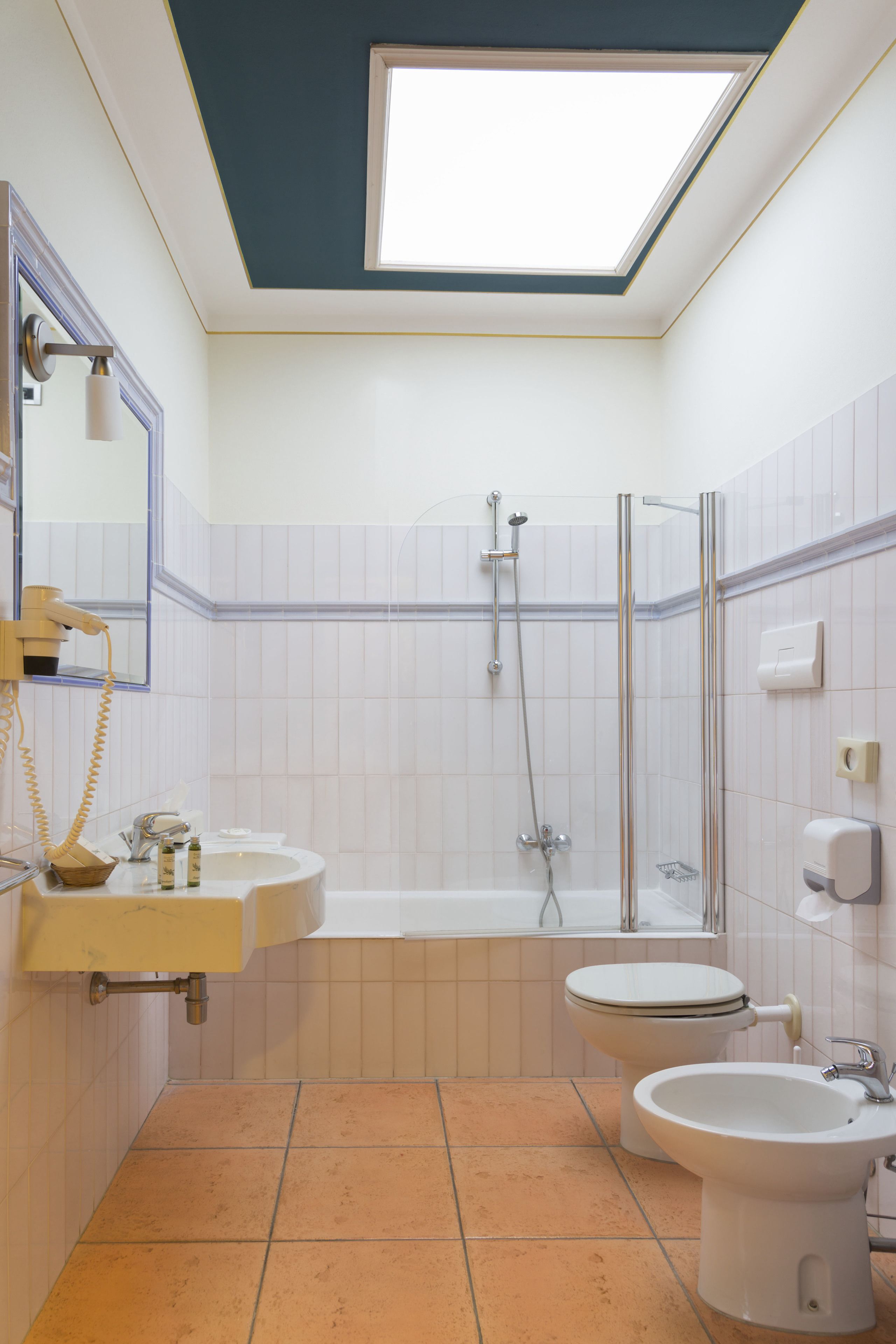 Ein Badezimmer mit Dachfenster, Dusche, Toilette und Bidet.