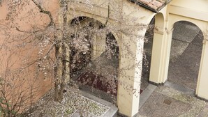 A courtyard with a stone pathway, arches, and a tree with blossoms. - Hotel Ponte di Rialto (Crema)