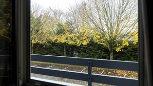 A view from a window with a metal railing, looking out onto a parking lot with trees in the background. - B&B Hôtel La Queue En Brie (La Queue-en-Brie)
