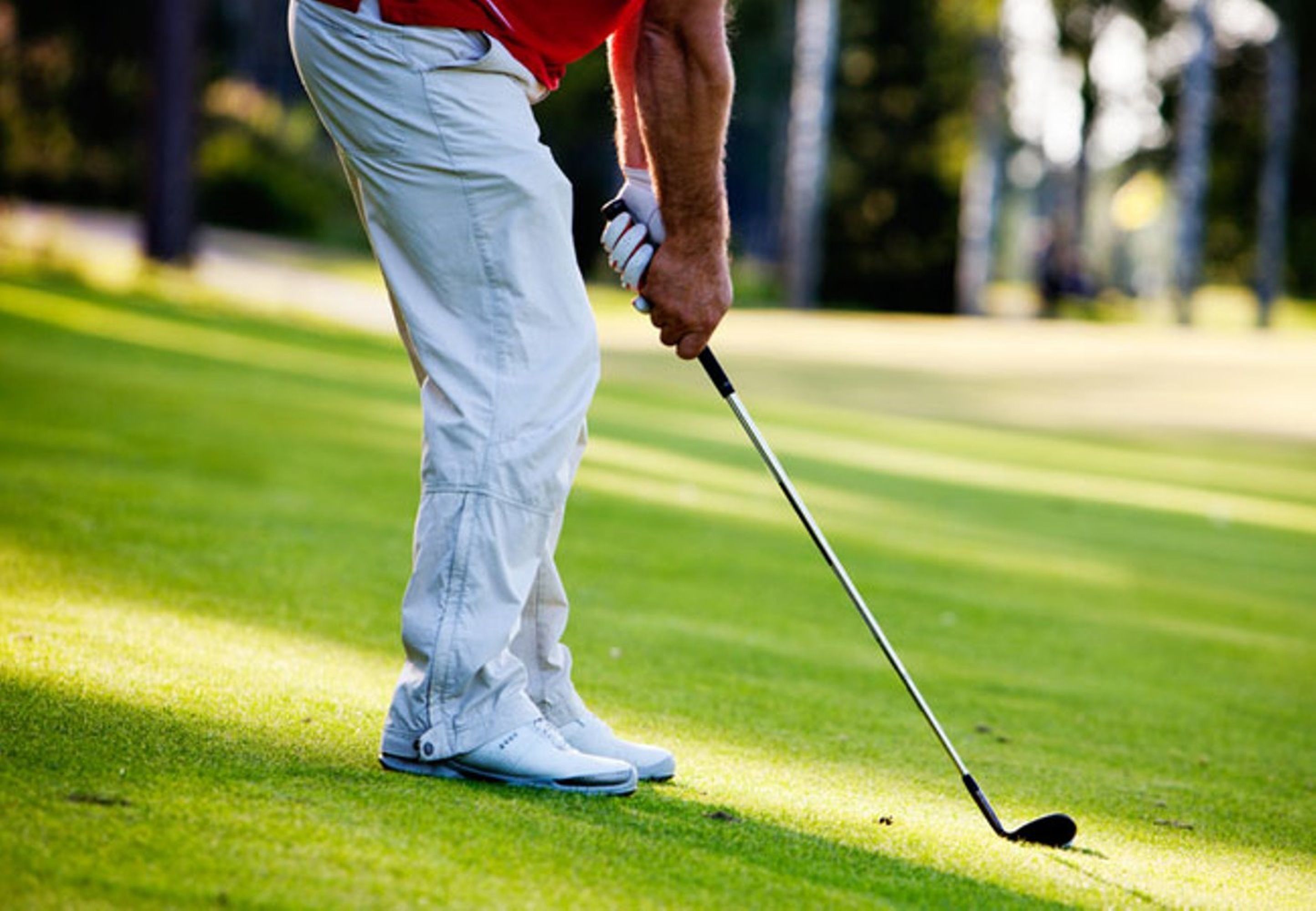 A close-up of a golf club on a green.
