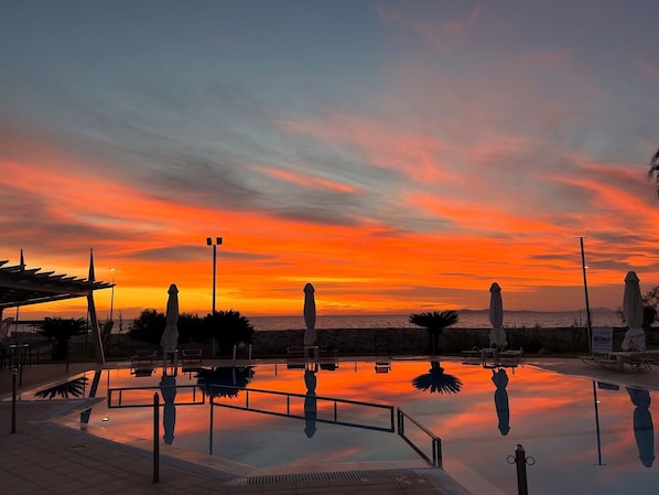 Outdoor pool, open 11:00 AM to 8:00 PM, pool umbrellas, pool loungers