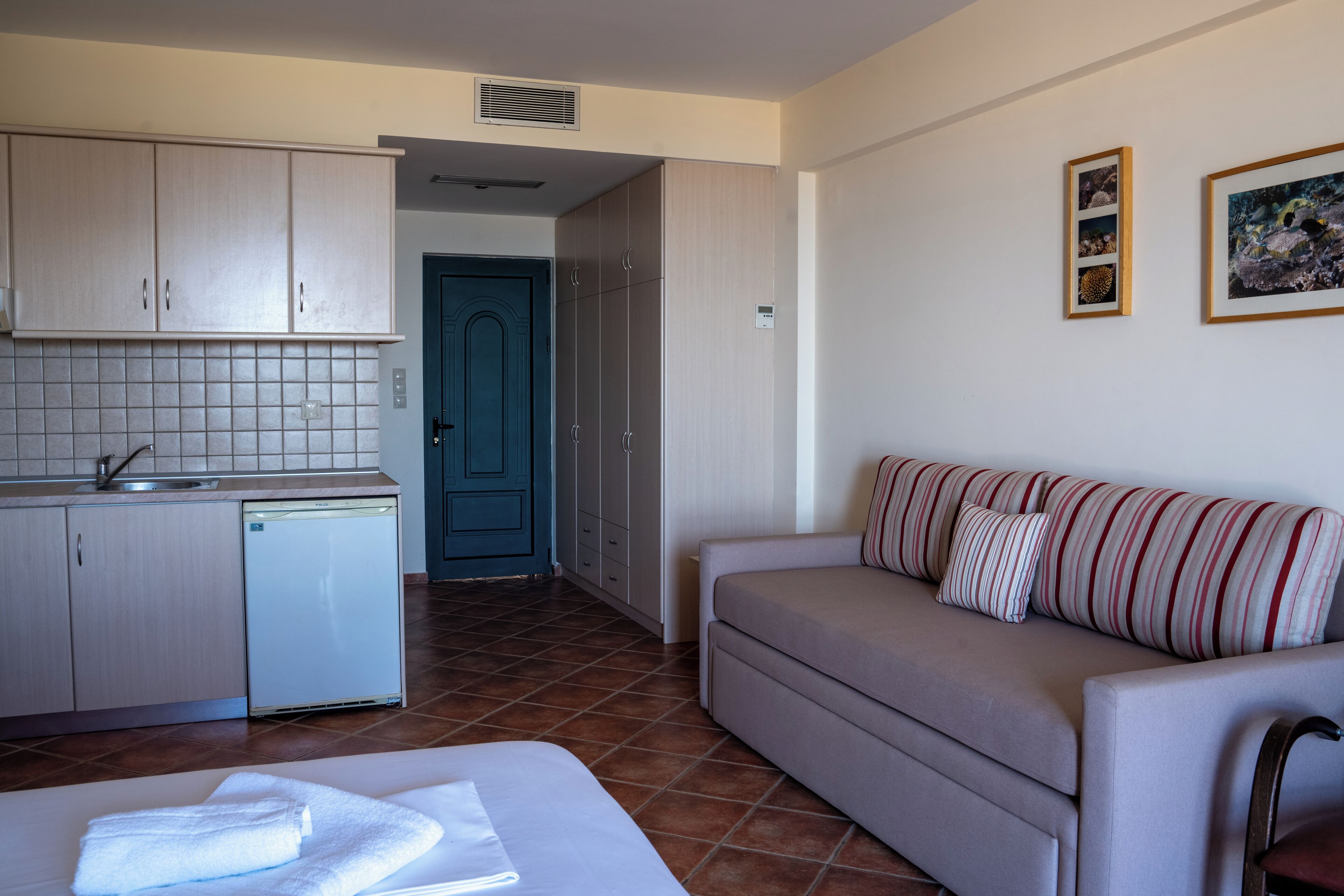 Un espacio habitable compacto con kitchenette, sofá y cama.