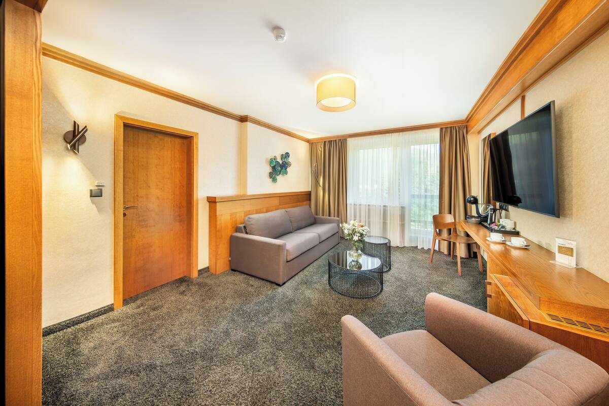 A hotel room with a sofa, a coffee table, a TV, and a desk.