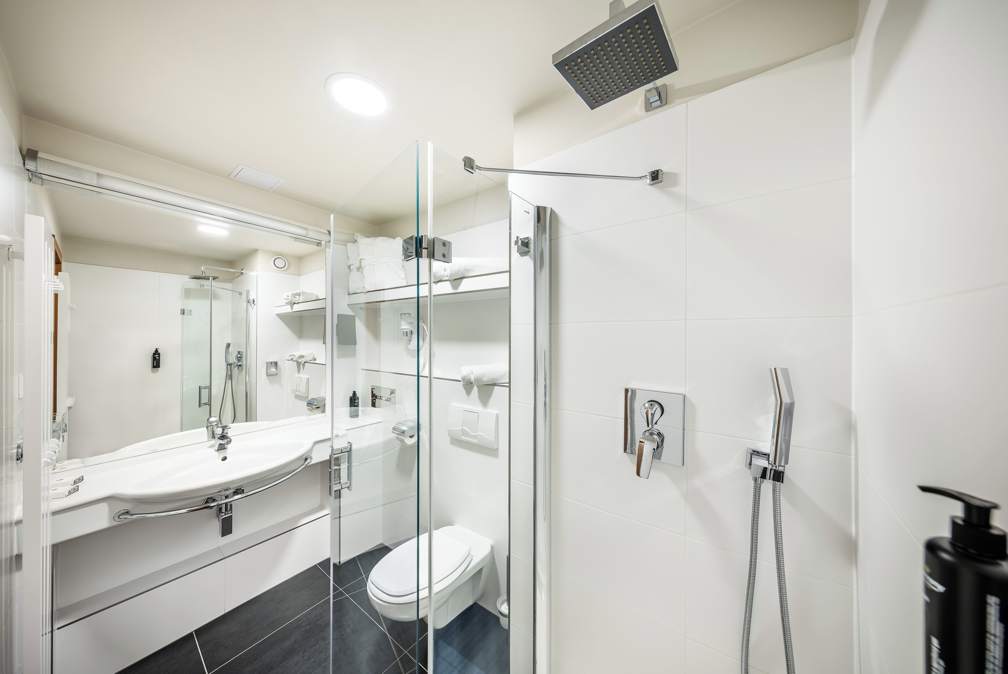 A modern bathroom with a glass shower enclosure, a white sink, and a toilet.