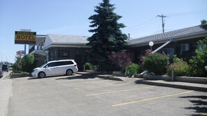 A motel with a parking lot, a large evergreen tree, and a sign advertising a vacancy. - Stardust Motel (Camrose)