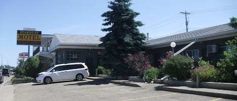 A motel with a parking lot, a large evergreen tree, and a sign advertising a vacancy.