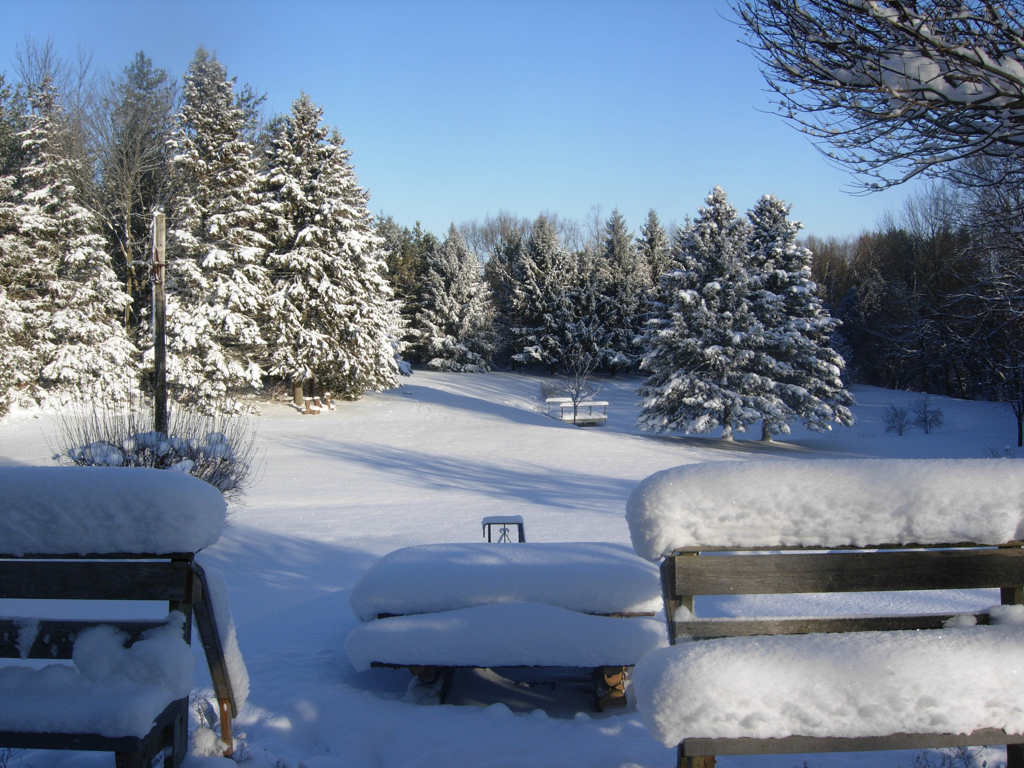 A snow-covered landscape with wooden benches and a bench table.
