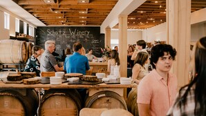 A winery with wooden barrels, a chalkboard menu, and people interacting. - Hessenland Inn & Schatz Winery (Bluewater)