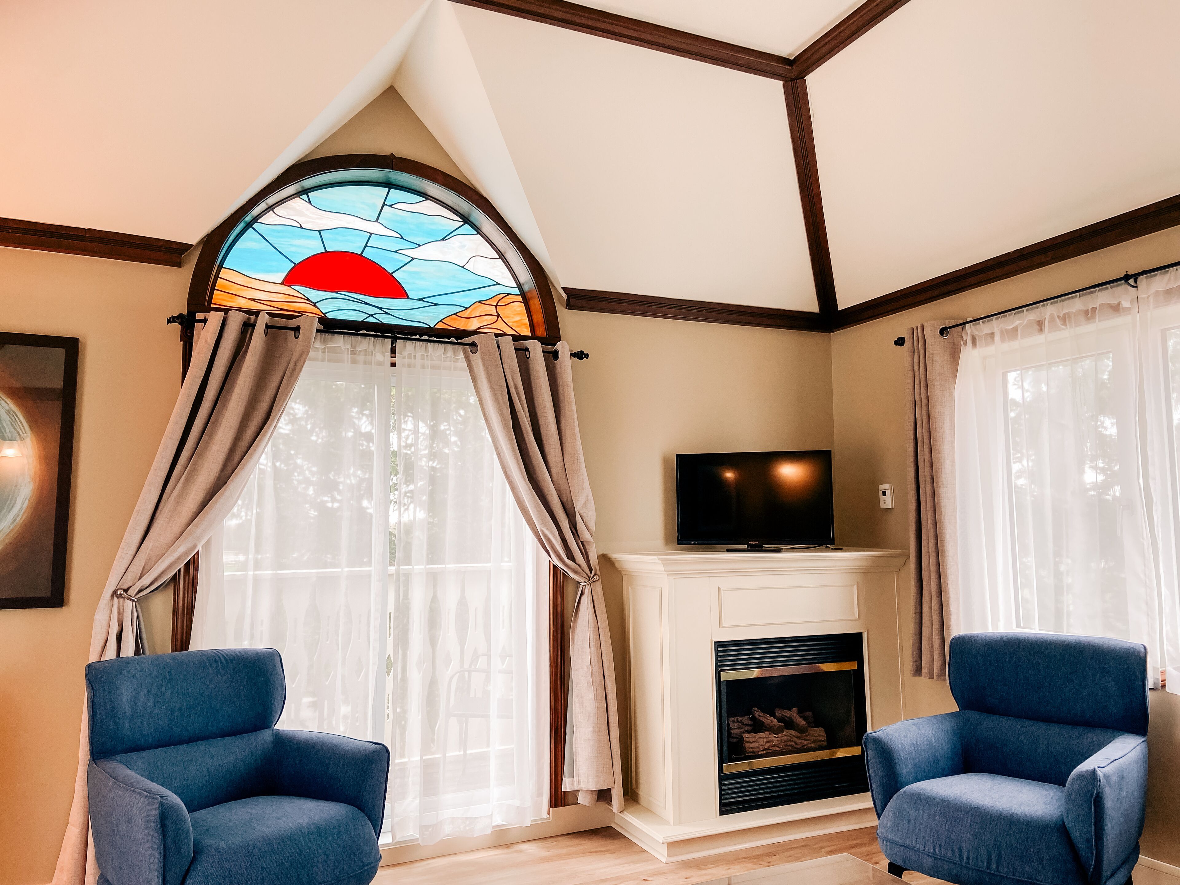 tv, fireplace, books