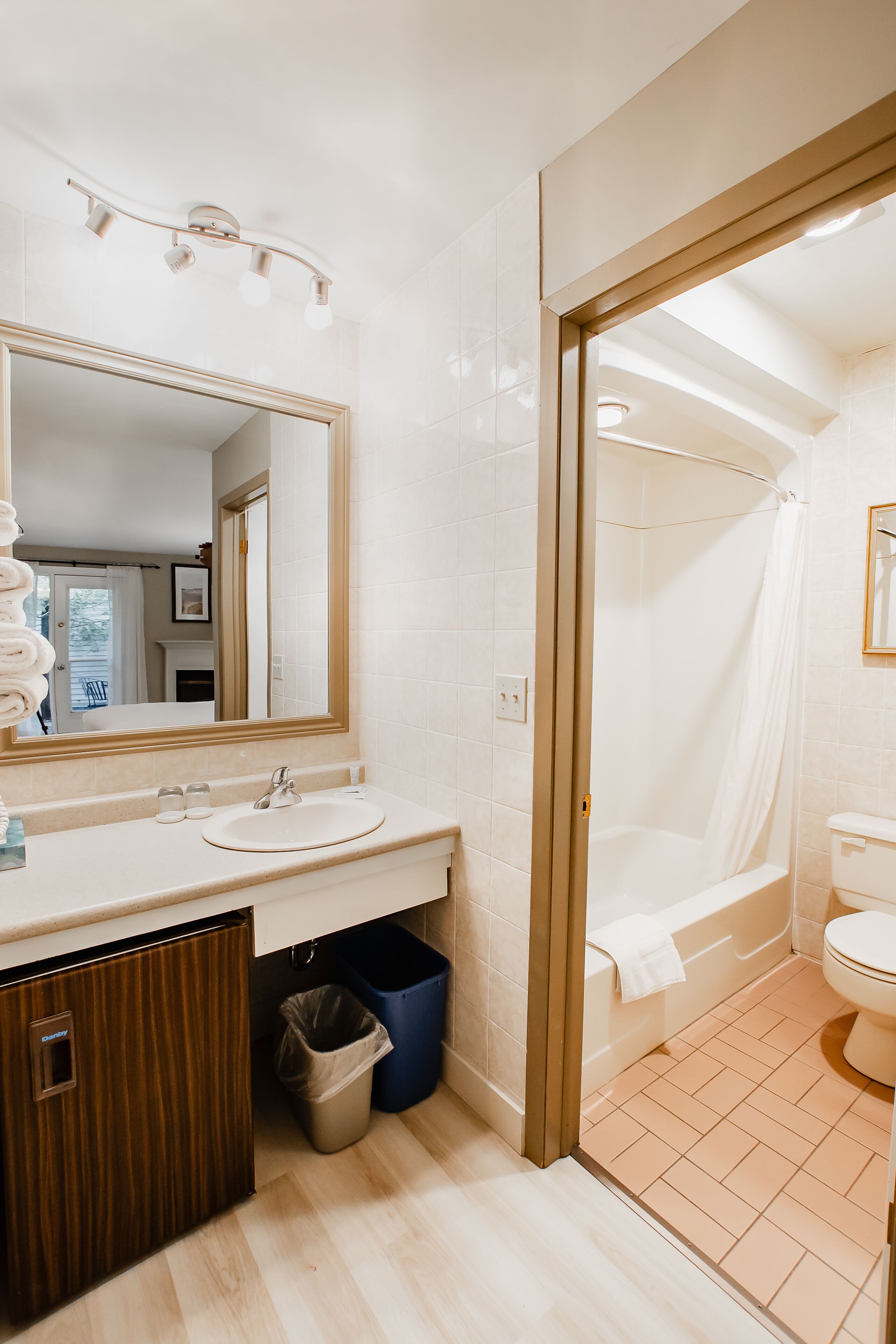 combined shower/bathtub, free toiletries, hair dryer, towels