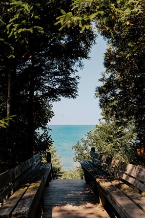 A wooden pathway leading to a bench overlooking a body of water, surrounded by trees. - Hessenland Inn & Schatz Winery (Bluewater)