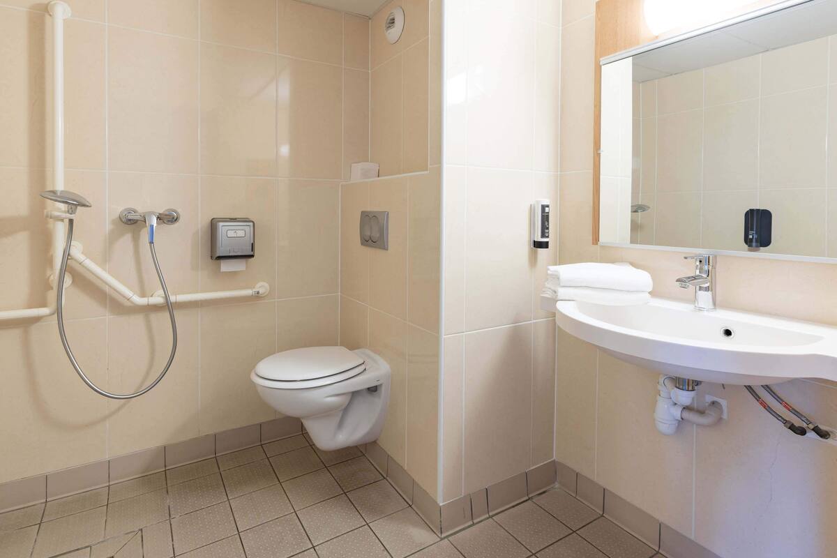 double room, accessible, non smoking | bathroom | shower, free toiletries, hair dryer, towels