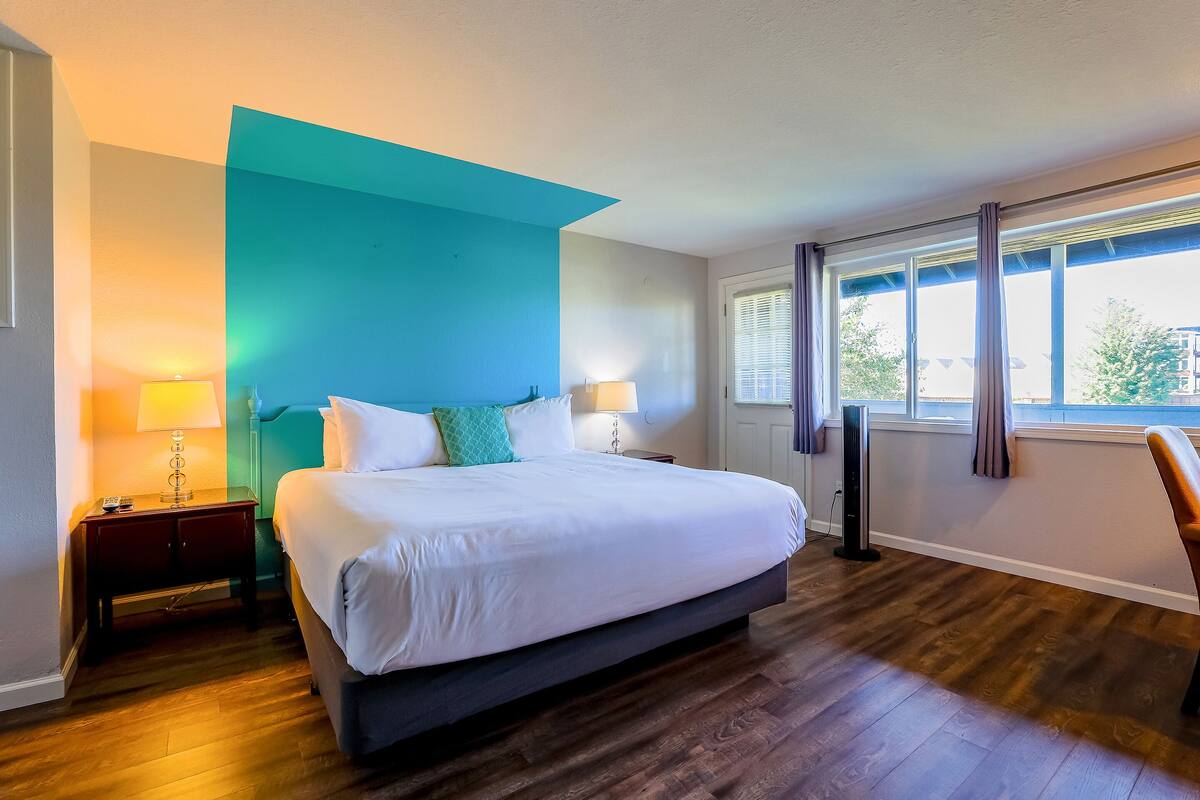 A modern hotel room with a large bed, a nightstand with a lamp, and a view of the outdoors through a window.