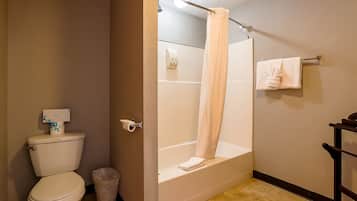 A bathroom with a toilet, a shower, and a bathtub.