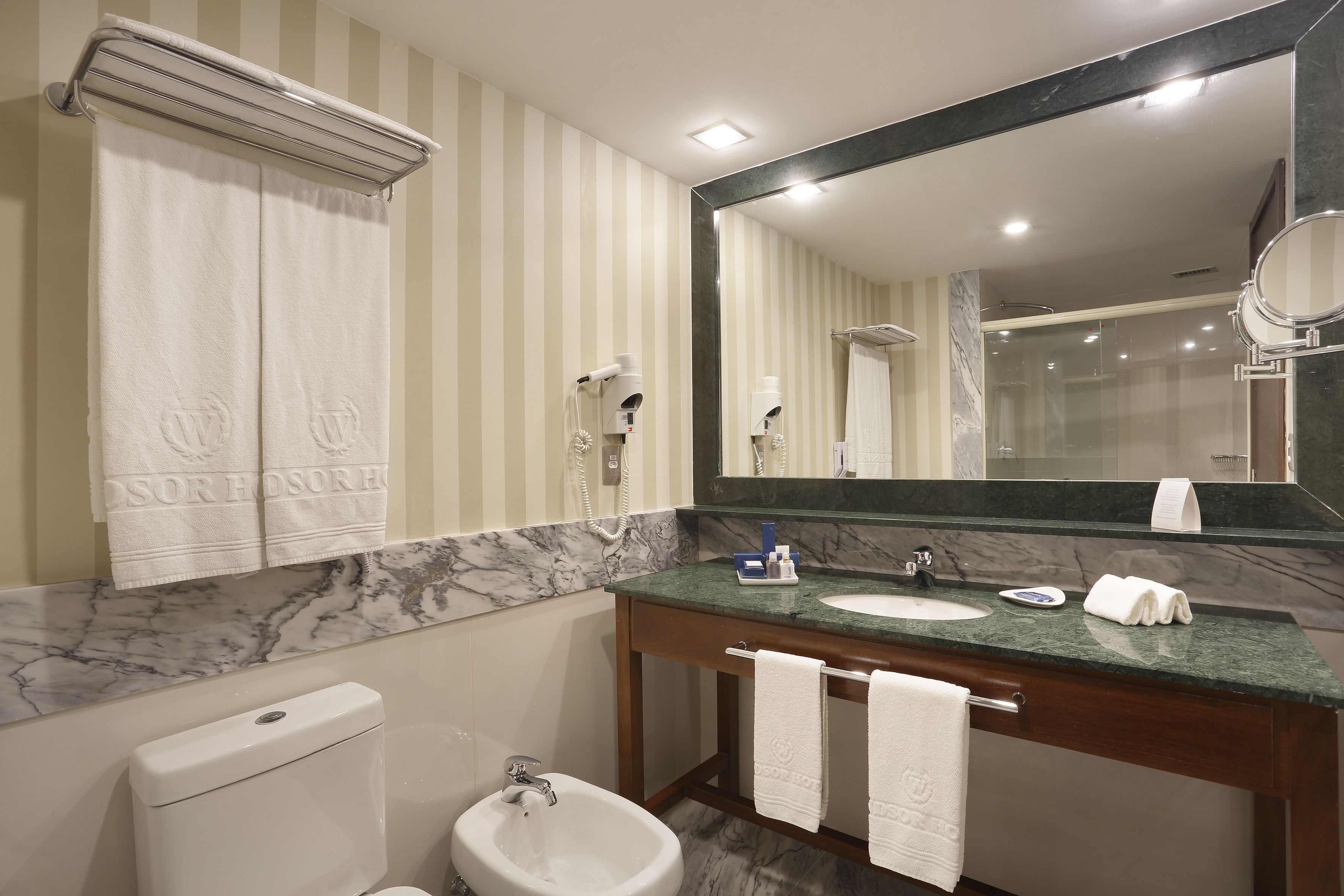 free toiletries, hair dryer, towels, soap