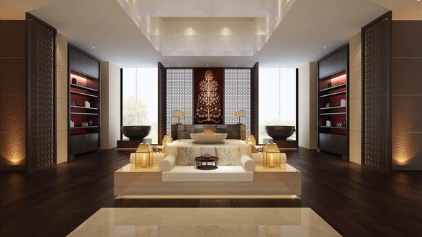 A modern spa room with a central seating area, a large window, and decorative screens. - Sheraton Shanghai Jiading Hotel (Shanghai)