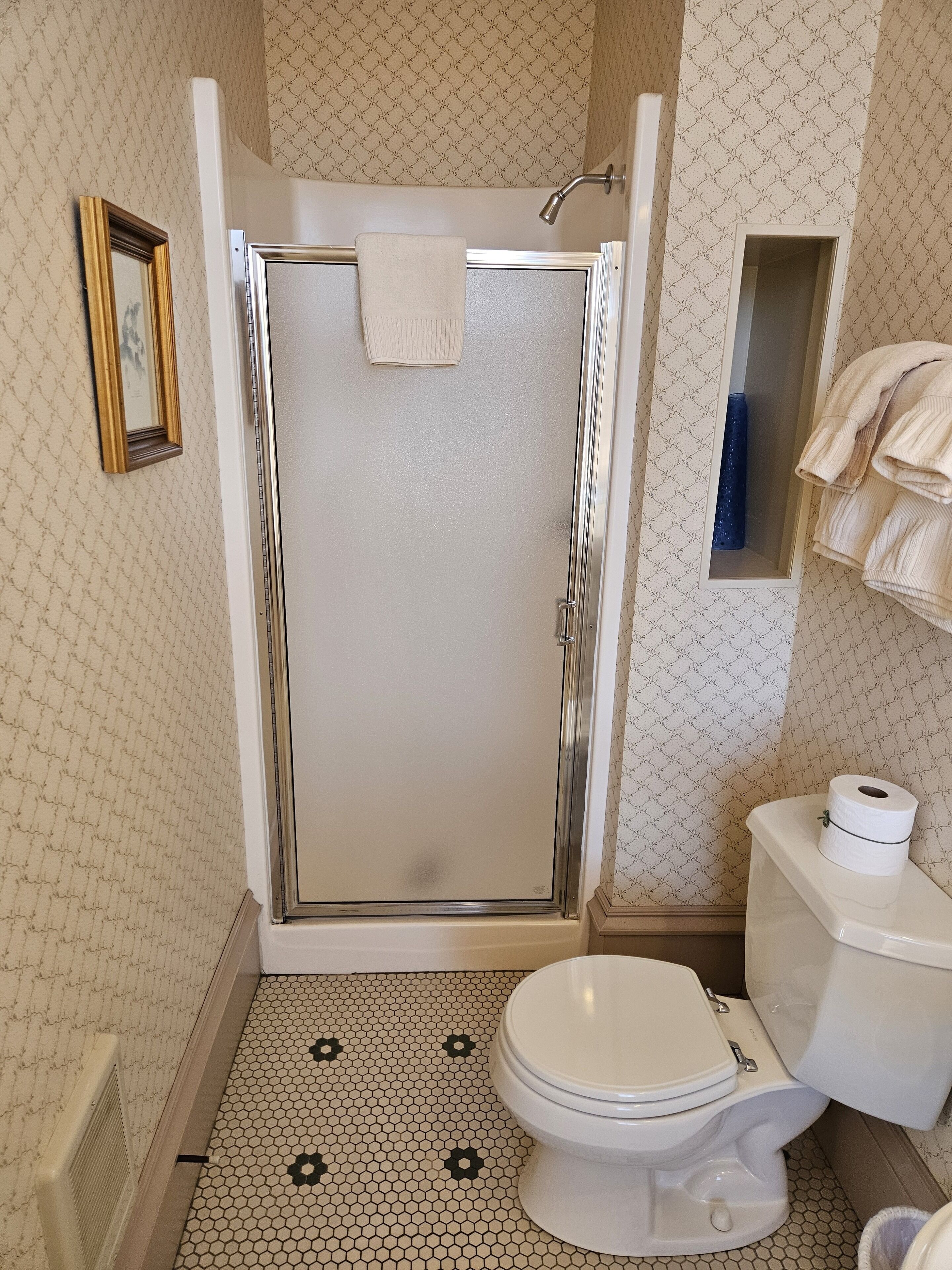 A bathroom with a shower, toilet, and a small shelf with towels.
