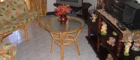A living room with wicker furniture, a television, a small table with a vase of flowers, and a shelf with figurines.