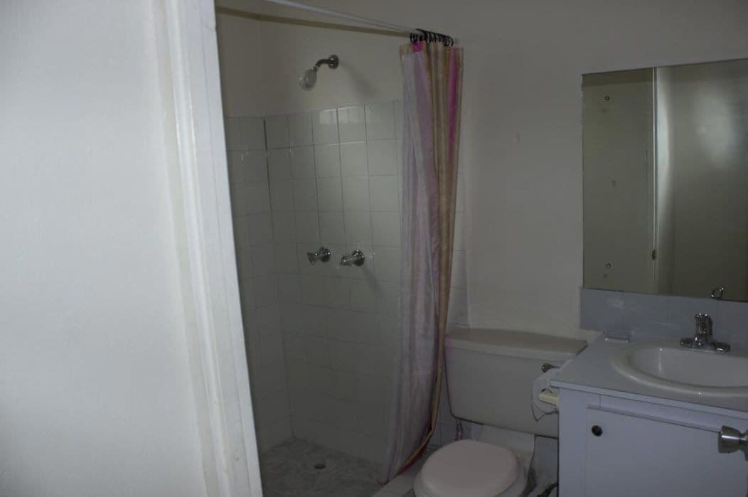 A bathroom with a shower, toilet, sink, and a mirror.