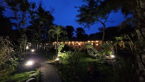 Un espacio exterior bien iluminado con un sendero que conduce a un edificio, rodeado de abundante vegetación y palmeras.