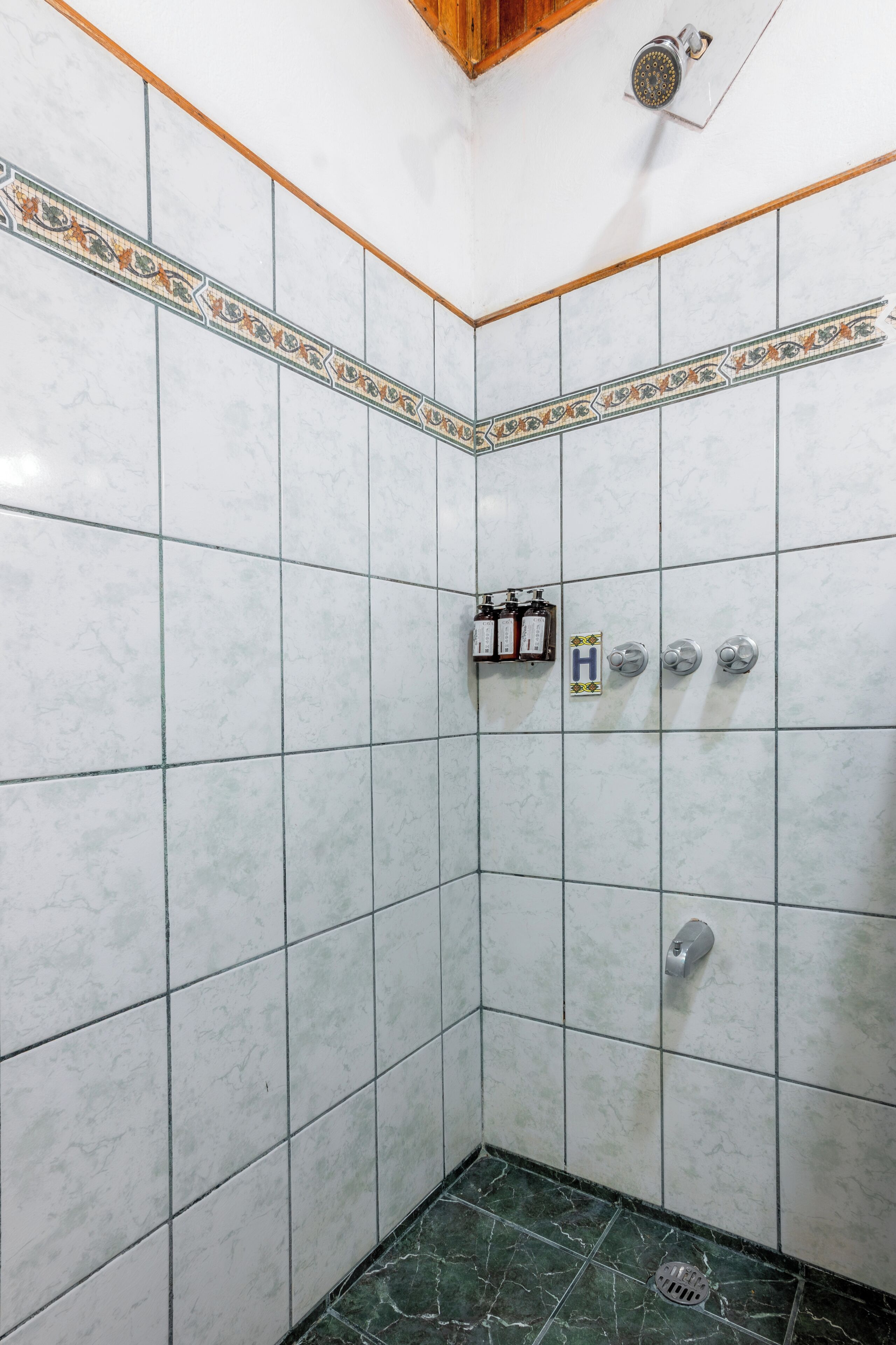A bathroom with white tiled walls, a wooden ceiling, and a green marble floor. There are three bottles of shampoo and conditioner, a hand dryer, and a toilet paper holder.