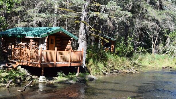 Una cabaña con terraza de madera que da a un río, rodeada de un bosque frondoso.