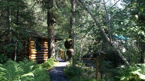 Un sendero boscoso que conduce a una cabaña de troncos con una terraza de madera y una gran estructura rocosa.