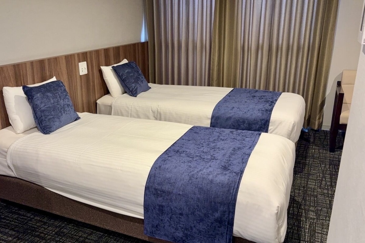Two single beds with white linens and blue throw pillows, a wooden headboard, and a striped carpet.