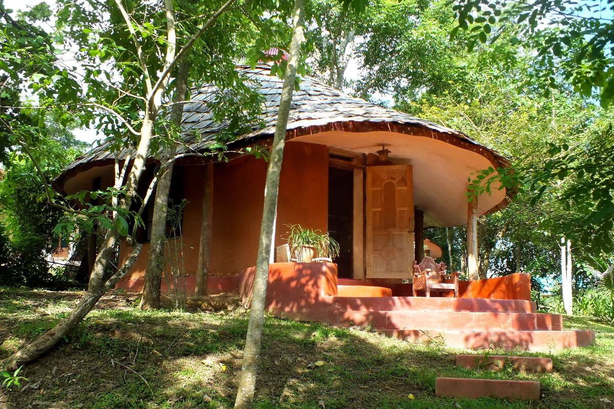 A rustic, single-story house with a curved roof, surrounded by trees and a garden.