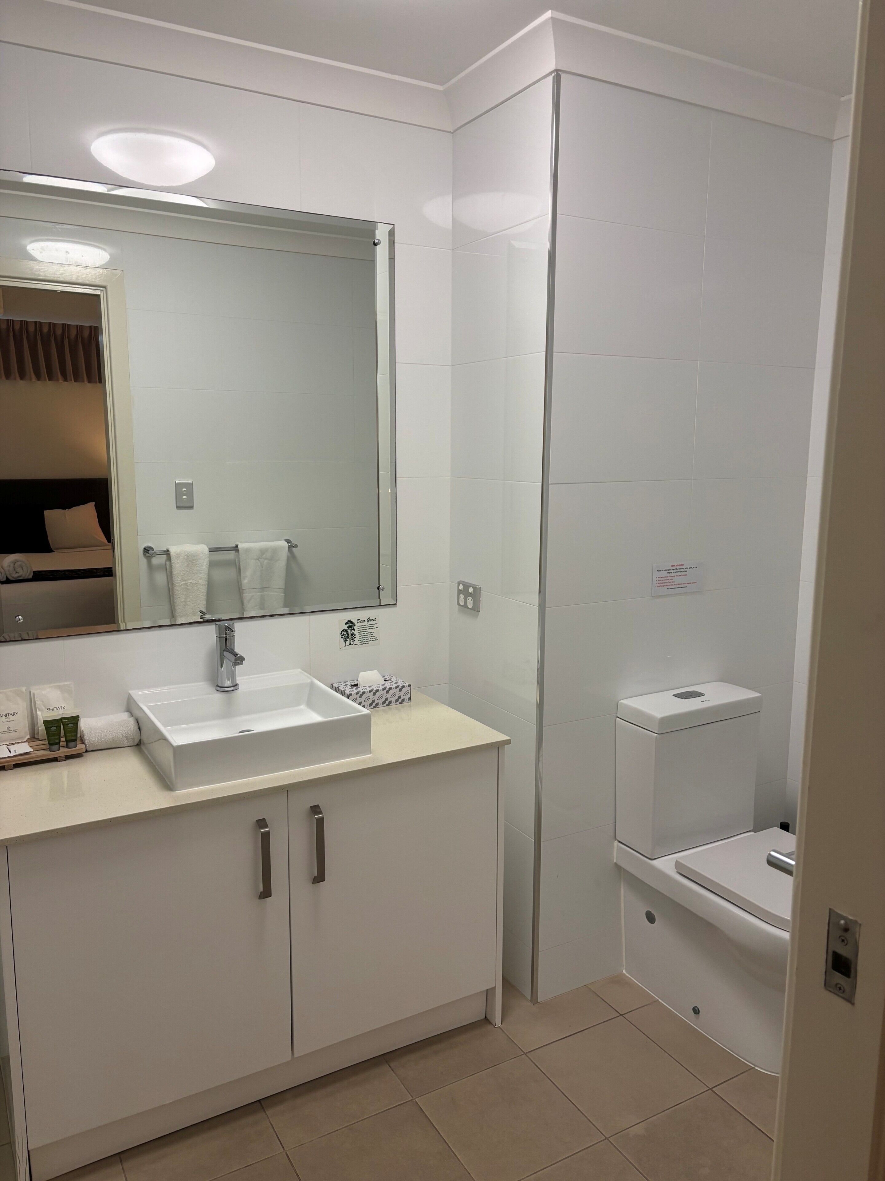 A modern bathroom with a white vanity, a large mirror, a shower enclosure, and a toilet.