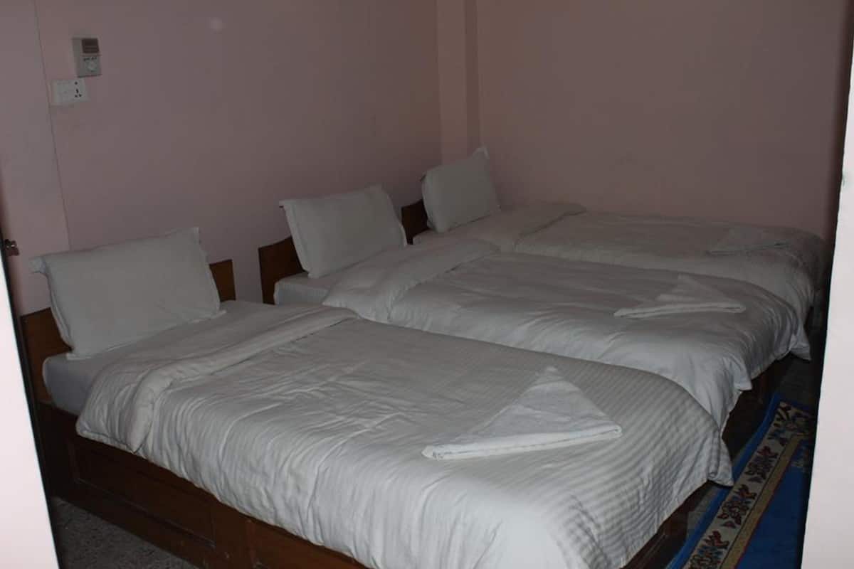 Quarto com duas camas, cada uma com roupa de cama e almofadas brancas.