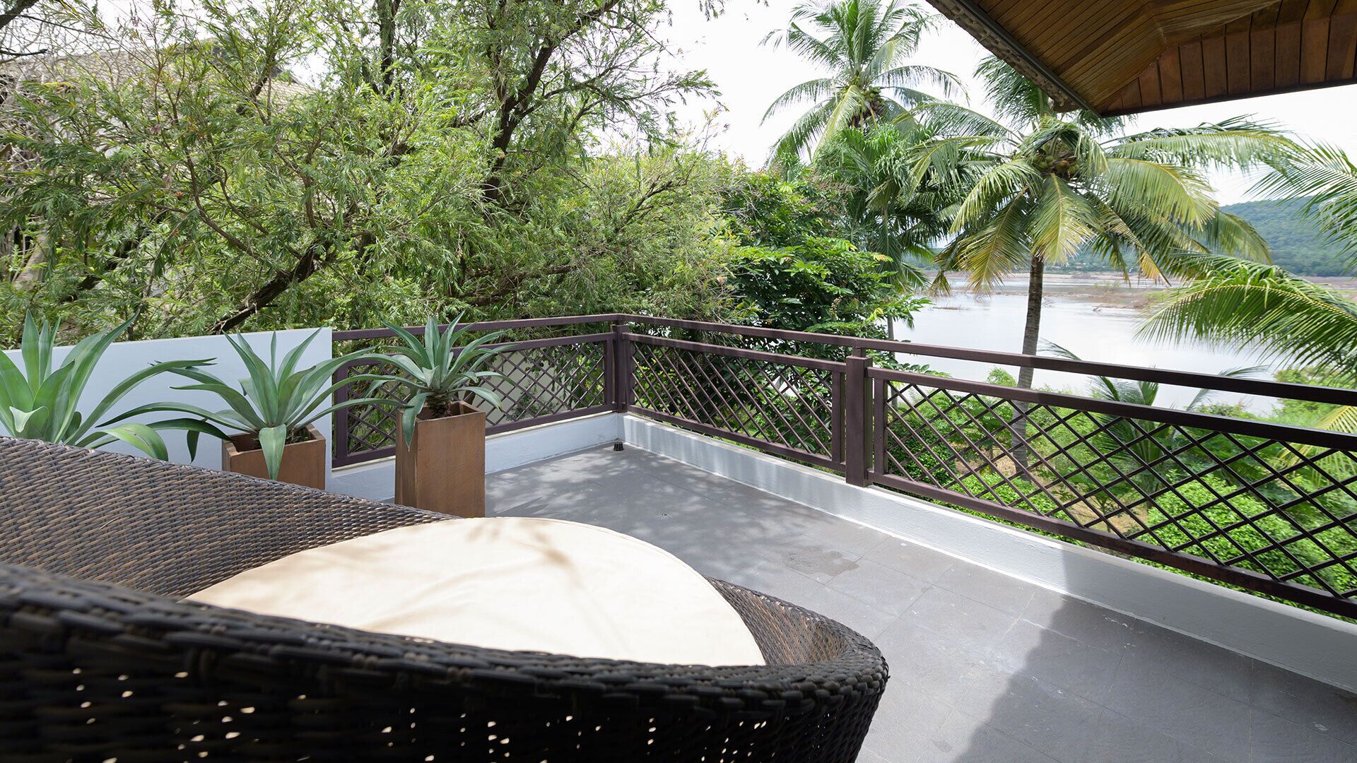 A balcony with wicker furniture, potted plants, and a view of a lake and palm trees.