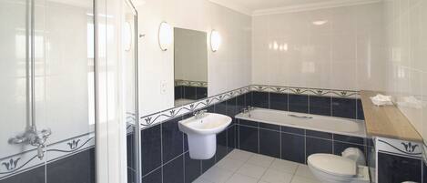 Separate tub and shower, free toiletries, hair dryer, towels