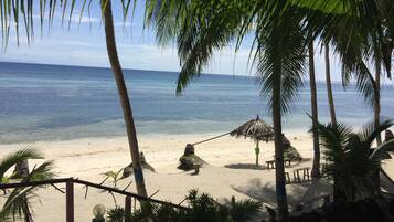 Private beach, sun loungers, beach towels, beach bar