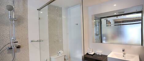 A modern bathroom with a glass-enclosed shower, a toilet, and a sink with a mirror above it.