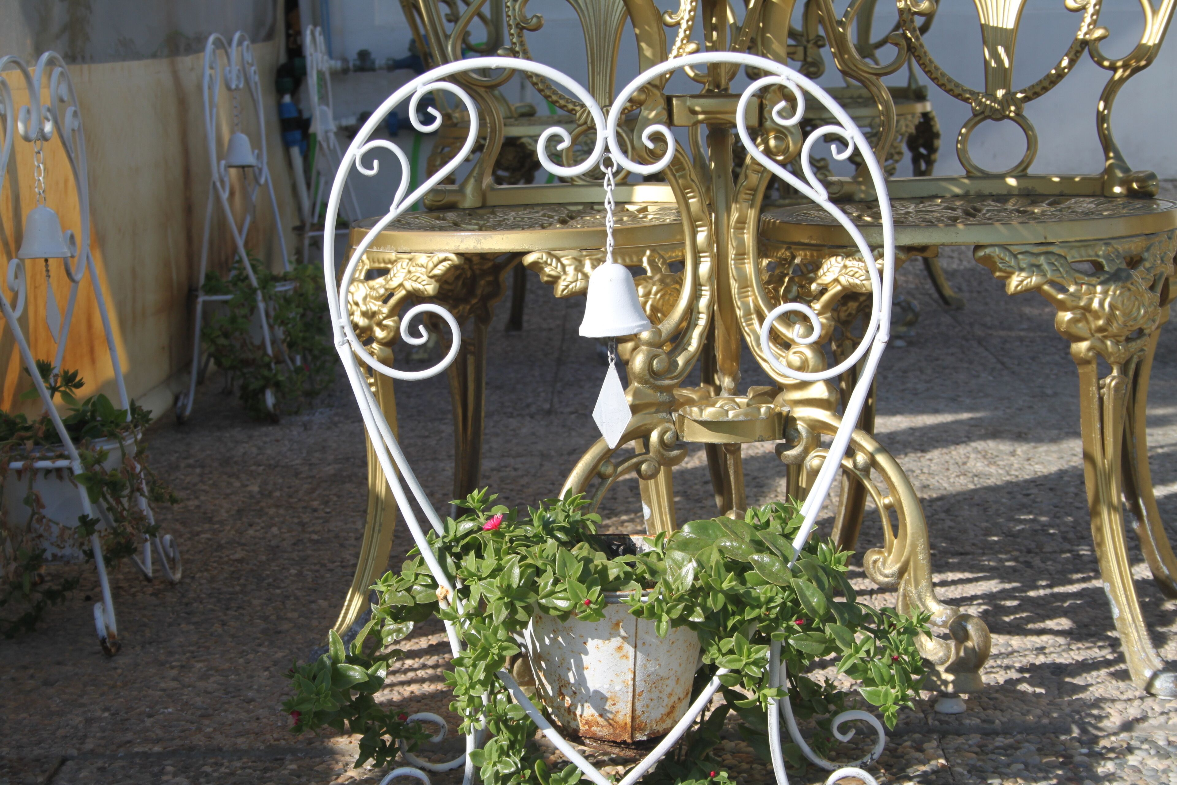 Un support métallique en forme de cœur, sur lequel est posée une plante en pot et une cloche.