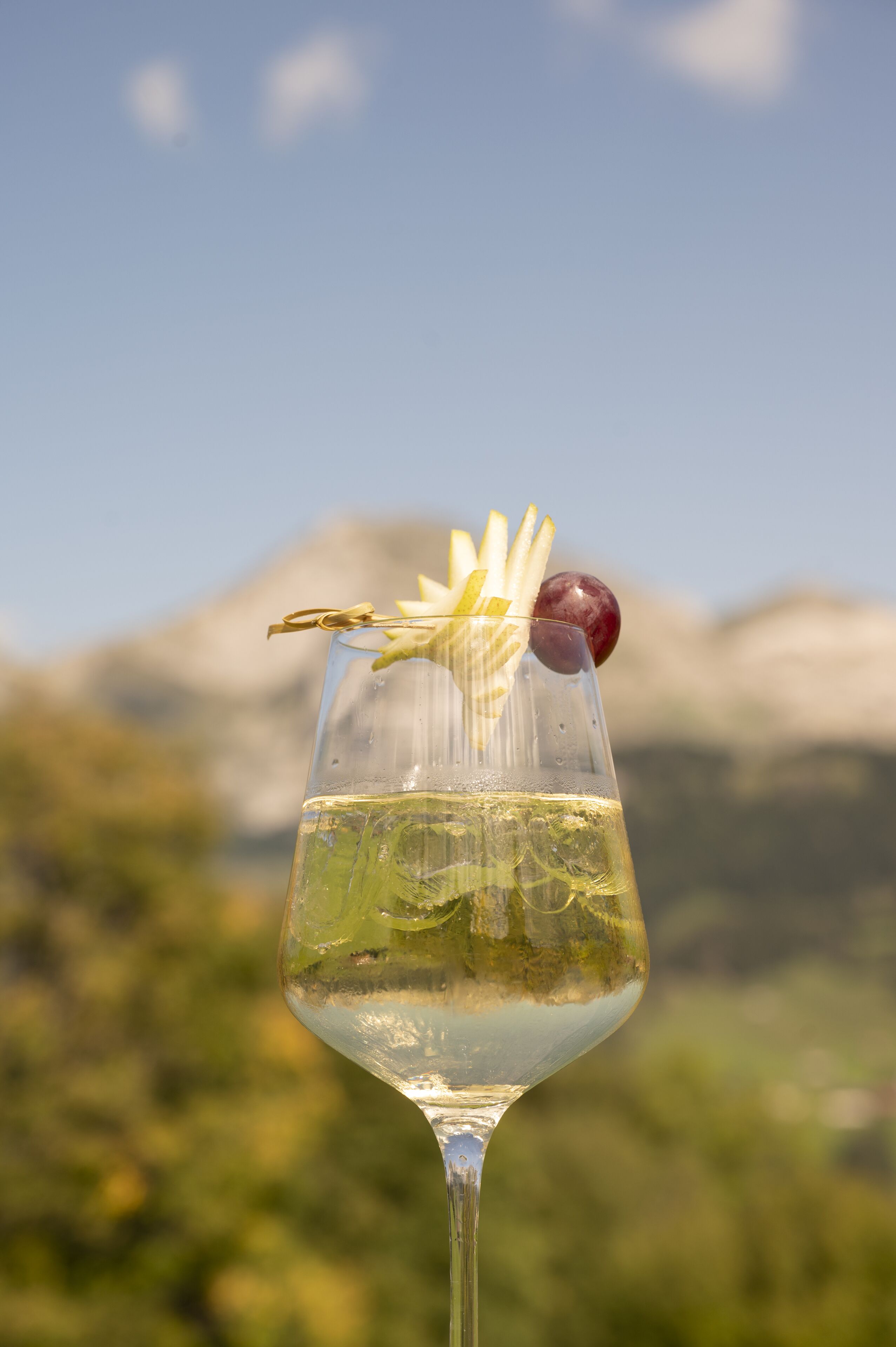 A glass of white wine with a garnish, set against a mountainous backdrop.