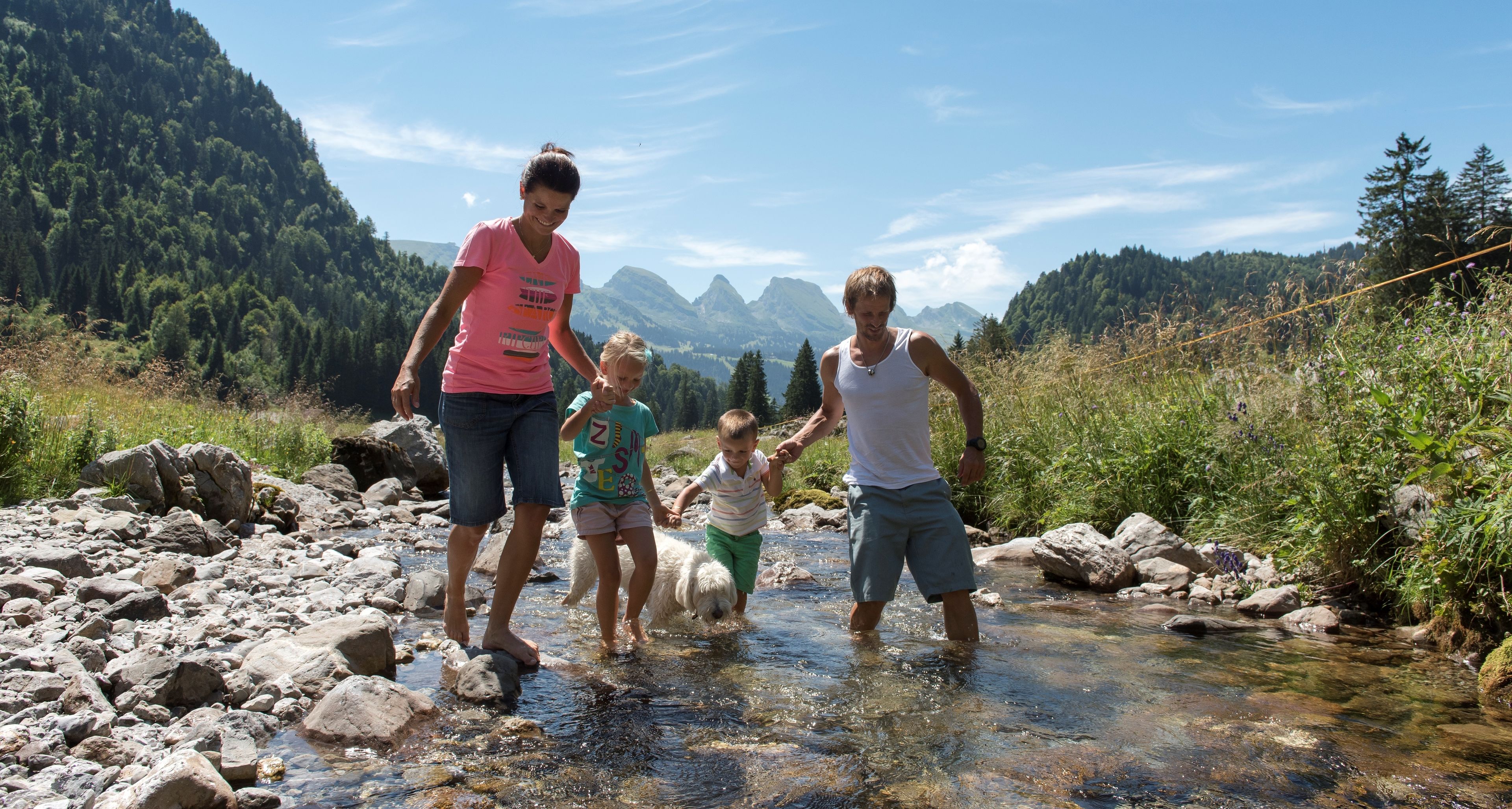 A family walking through a shallow stream surrounded by rocks and greenery.