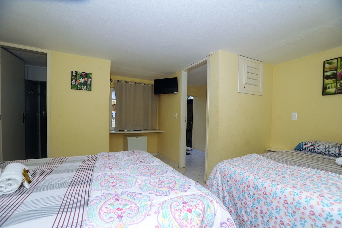 Egyptian cotton sheets, down duvets, desk, laptop workspace