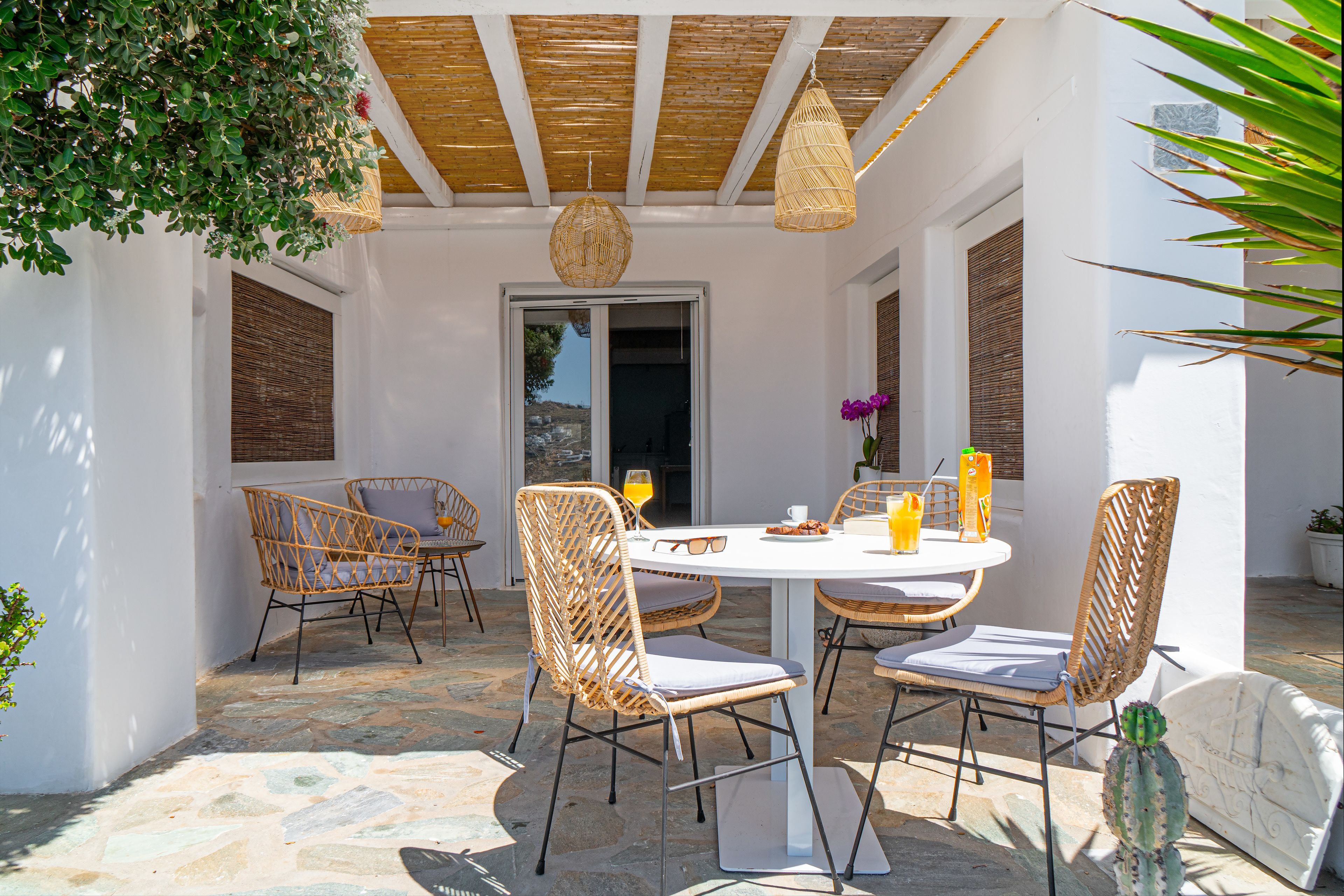 An outdoor patio with a round table, wicker chairs, and a cactus plant.